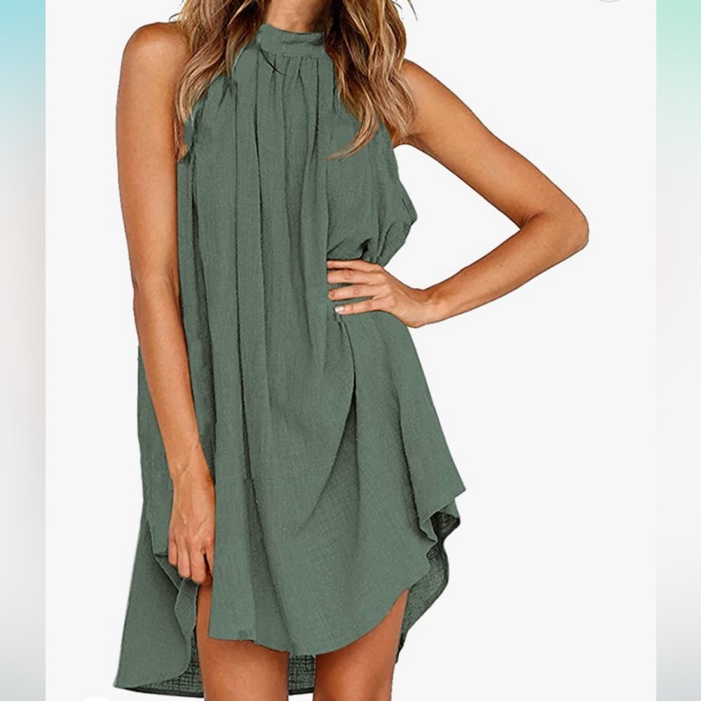 Halter Neck Sleeveless Dress Loose Pleated Sundress Size Small 4-6 Green